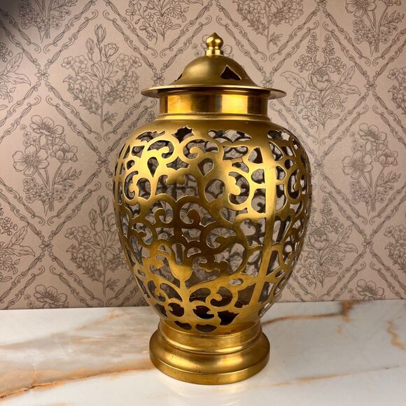 Luminary Alter Temple Jar Filigree Pattern Lid Open Bottom 13 in Metal Decor - Picture 3 of 11